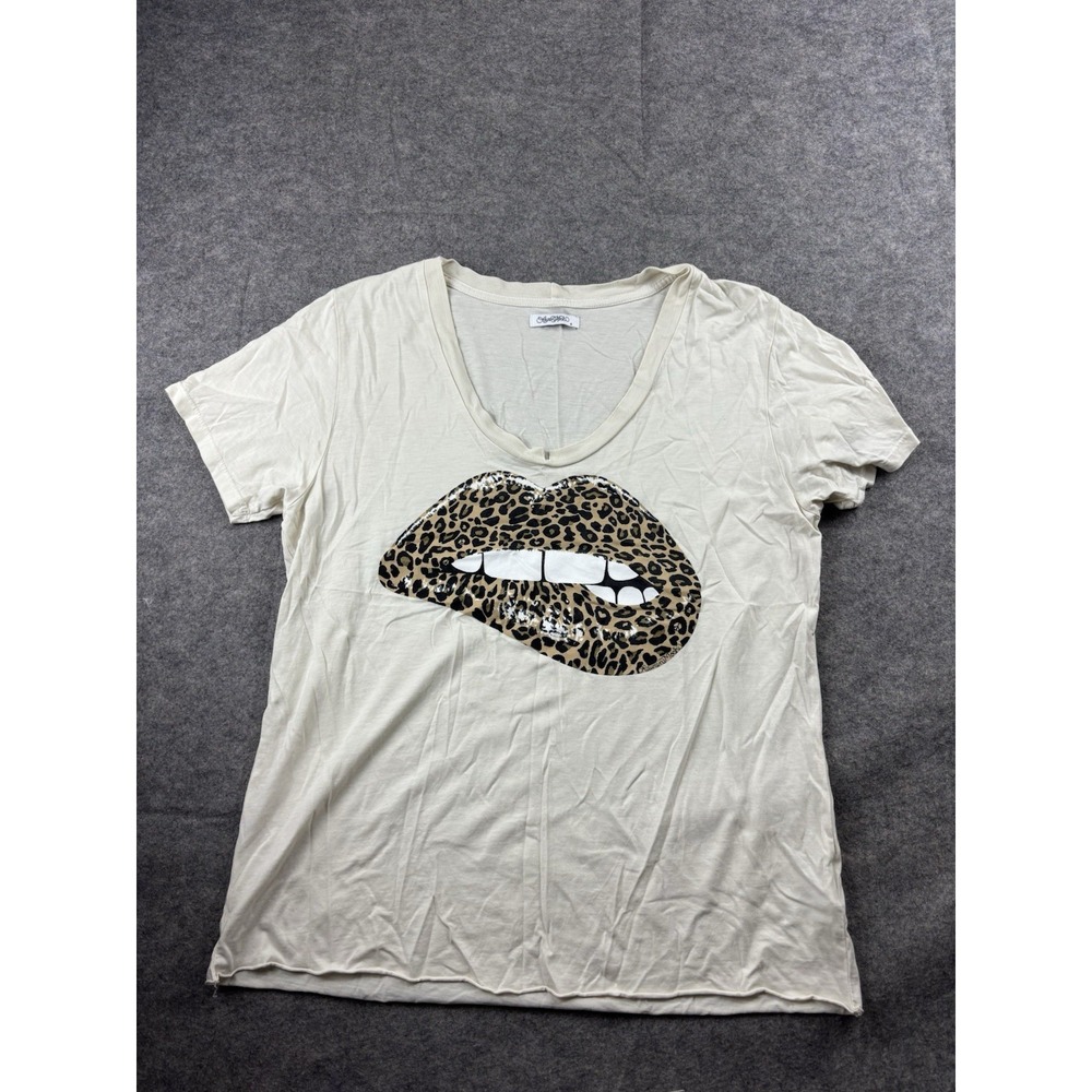 Lauren Moshi Leopard Print Elara Lip‎ Outline Q Boyfriend V-Neck Tee Womens S